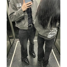 春秋季百搭cleanfit复古水洗宽松微喇直筒黑色牛仔裤WL3088-P47，男装牛仔裤，星座1008