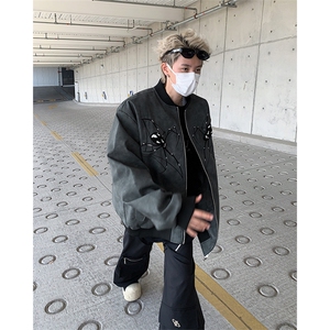 美式高街皮衣男士韩版潮流宽松百搭刺绣2024秋冬ins外套W6026-P73图片