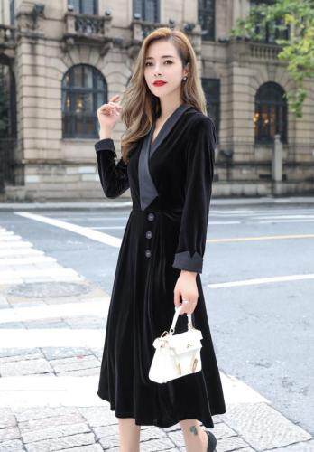 秋季丝绒修身连衣裙，女装连衣裙，蓝芝衣秀