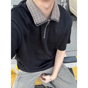 【有货】DT2506-P40千鸟格拼接短袖polo衫男夏季老钱风重磅半袖t图片