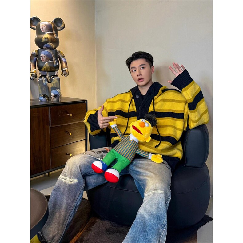 条纹连帽针织毛衣男款潮流街头时尚宽松休闲黄色帽衫M370,男装针织衫/毛衣,星座1116A（原606A-3）