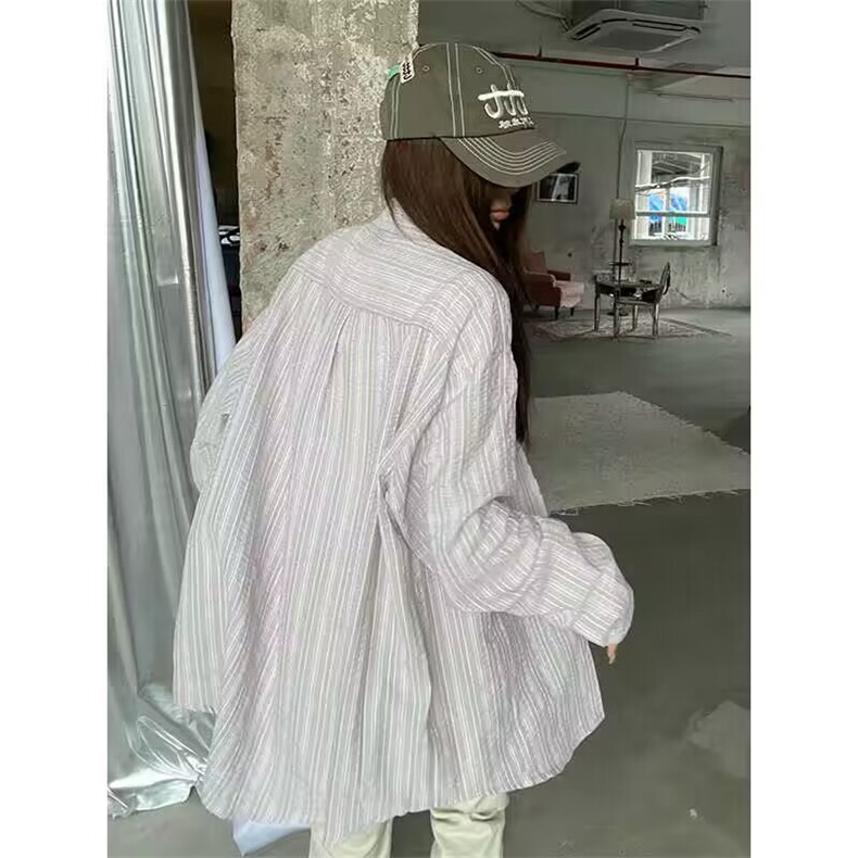 韩版秋装新款气质时髦细条纹长袖衬衫女宽松慵懒显瘦清新减龄衬衣,男装衬衫,星座506A