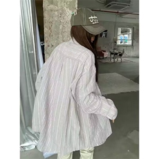 韩版秋装新款气质时髦细条纹长袖衬衫女宽松慵懒显瘦清新减龄衬衣，男装衬衫，星座506A