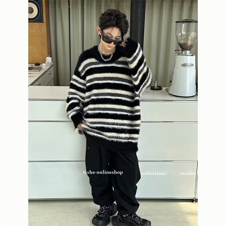 1506/QY3010/P53小众设计黑白条纹马海毛圆领毛衣,男装针织衫/毛衣,星座1506