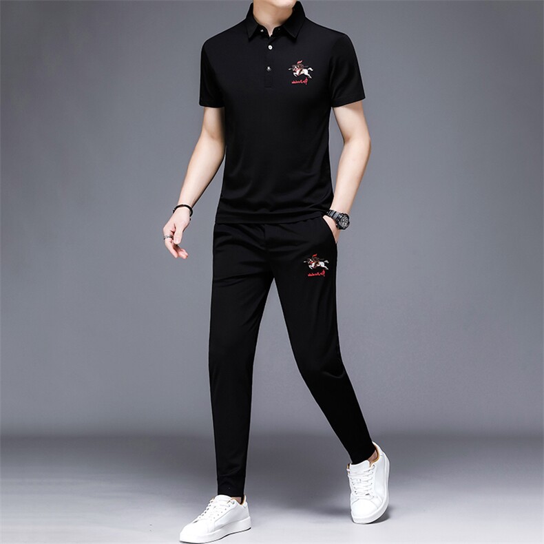 夏季运动休闲套装男士宽松时尚短袖T恤俩件套高端刺绣冰丝薄上衣,男装T恤,电商B212（原钱塘6029）
