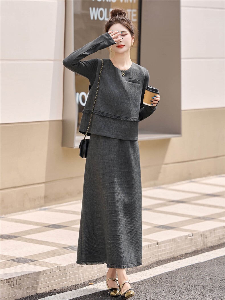 2025春秋季新款时尚套装女灰色长袖上衣显瘦洋气半身裙两件套,女装套装/套裙,丽影随形
