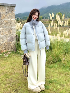 超好看蓝色针织拼接立领短款羽绒服女2025冬韩系甜美90白鸭绒外套图片