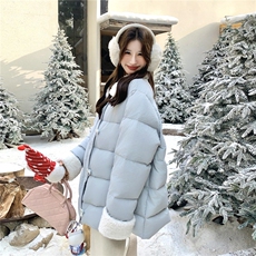 现货！2025冬季毛领拼接蓝色90绒羽绒服2C056-7102-P315控478，女装羽绒服，2C056