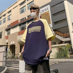 美式复古拼色条纹短袖T恤男女潮宽松百搭情侣款半袖上衣图片