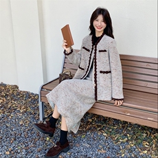 小香风拼接毛呢外套半身裙两件套女秋冬2025新款韩系chic气质套装，女装套装/套裙，2C032
