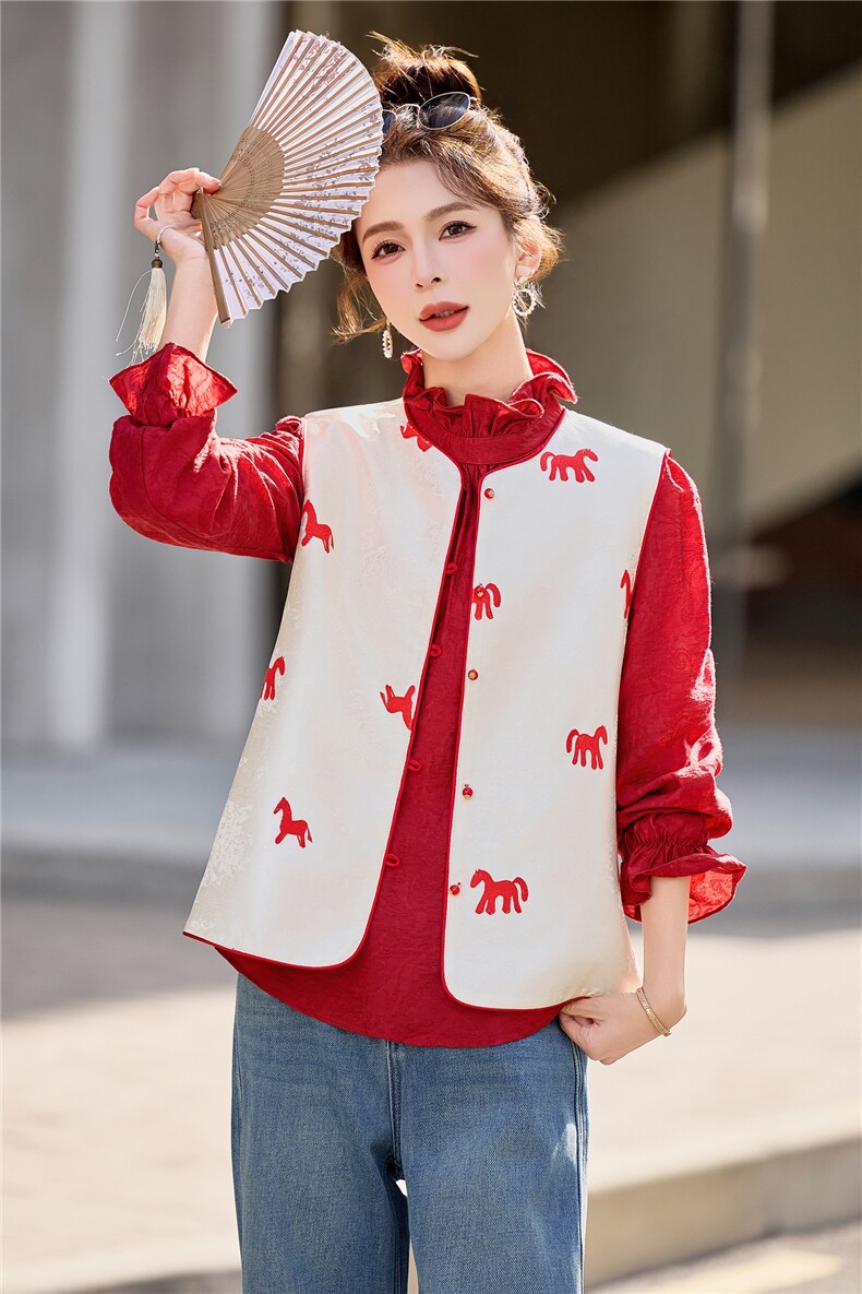 6302常规马图提花印花圆领撞色马甲春装外套,女装马甲,微微衣阁