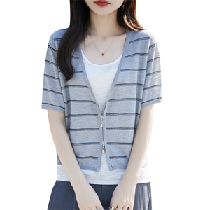 假两件条纹短袖t恤女2025夏季新款宽松百搭薄款设计感V领上衣服图片