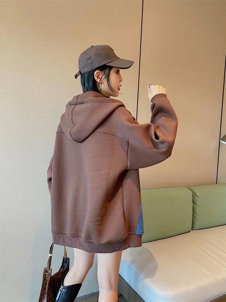 爱美欧现货牛仔口袋加绒卫衣外套，女装卫衣/绒衫，爱美欧