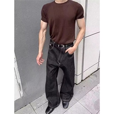 时尚简约黑色侧边褶皱牛仔长裤直筒宽松版型休闲裤潮NZK4942-p48，男装西服，星座302B-2