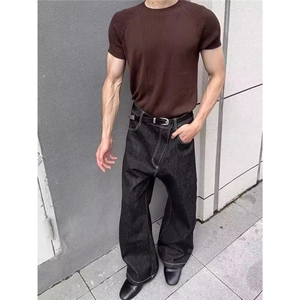 时尚简约黑色侧边褶皱牛仔长裤直筒宽松版型休闲裤潮NZK4942-p48图片