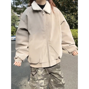 现货重磅硬挺boxy羽绒棉衣座山雕羊羔毛领洗水麂皮棉服冬外套