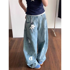 美式复古水洗弯刀牛仔裤男女宽松多口袋阔腿直筒裤子LN60733-P55，男装牛仔裤，星座1008
