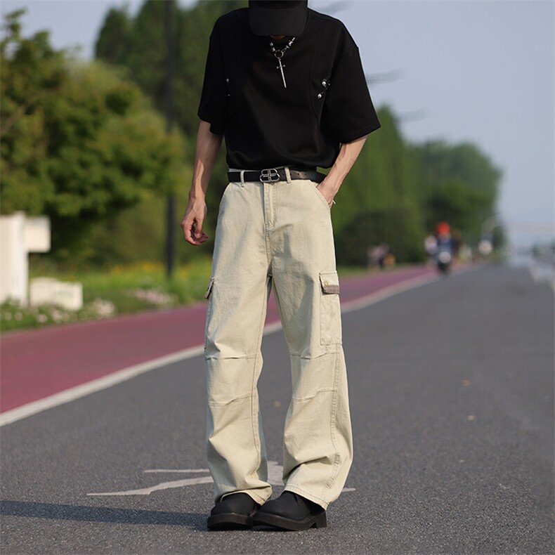 美式高街复古多口袋微喇工装裤男阔腿休闲褶皱伞兵裤FX996P58,男装工装外套,星座1013-1