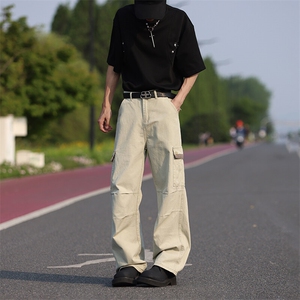 美式高街复古多口袋微喇工装裤男阔腿休闲褶皱伞兵裤FX996 P58图片