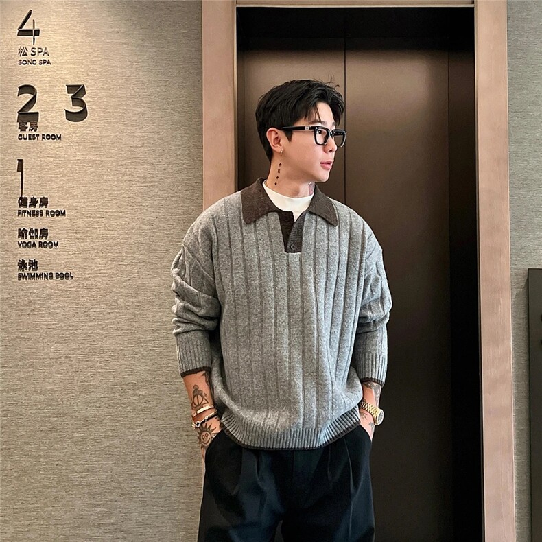 203-6F2543P58～撞色拼接海鸥领老钱风肌理Polo领毛衣,男装针织衫/毛衣,星座203-6(原电商259)