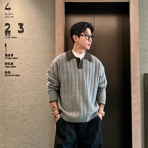 203-6 F2543 P58～撞色拼接 海鸥领 老钱风肌理Polo领毛衣图片