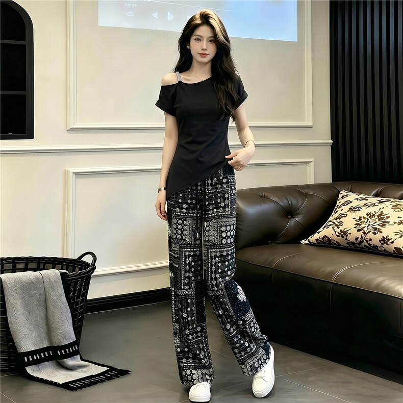 韩系穿搭时尚减龄套装女夏款不规则斜肩短袖T恤黑花色长裤两件套,女装套装/套裙,江南