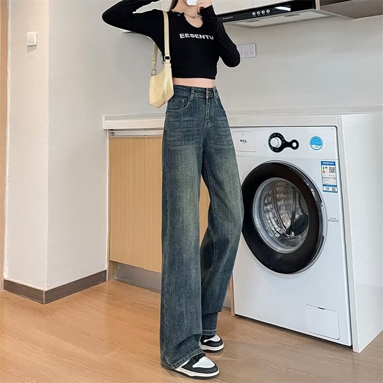 水洗高腰常规直筒裤复古直筒牛仔裤女秋冬常规阔腿裤长裤抗菌微弹,男装牛仔裤,星座506A