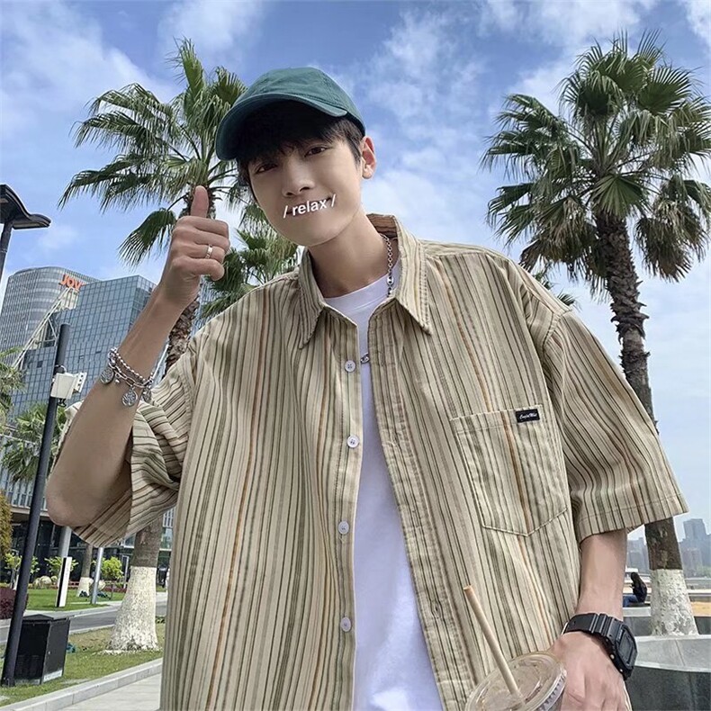 港风竖条纹五分袖衬衫夏季新款韩版宽松韩版翻领上衣W3100-P28,男装衬衫,星座512-2