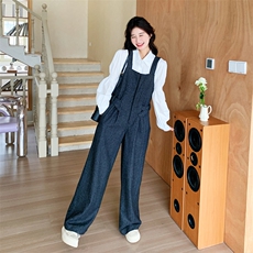 超好看学院风藏青色工装背带裤女春秋2025新款洋气减龄阔腿长裤子，女装休闲裤，2C158