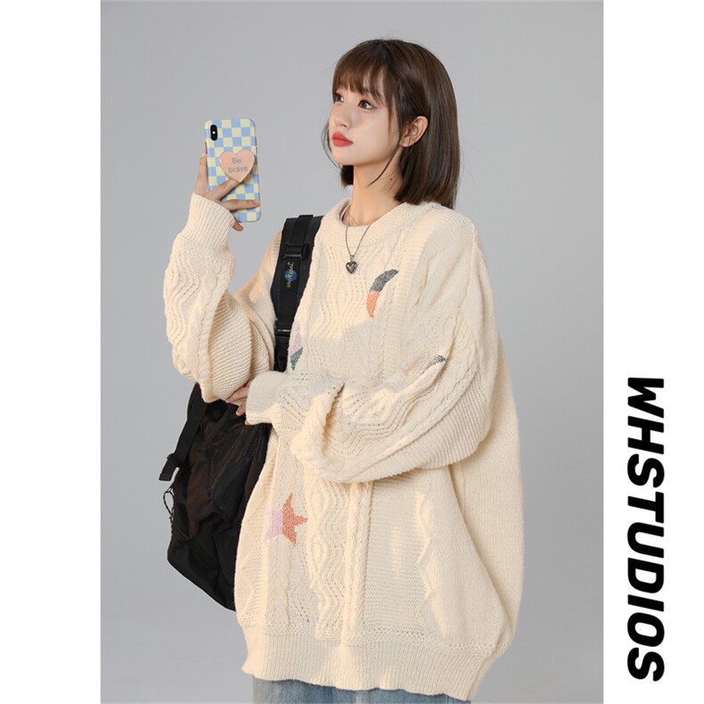 M8175/P70冬季麻花刺绣针织衫宽松潮牌圆领慵懒温柔粗针织衫毛衣，女装针织衫/毛衣，电商A141