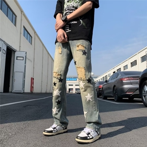 美式ins高街小众五角破洞男直筒裤潮流休闲做旧水洗裤N08031-P49图片