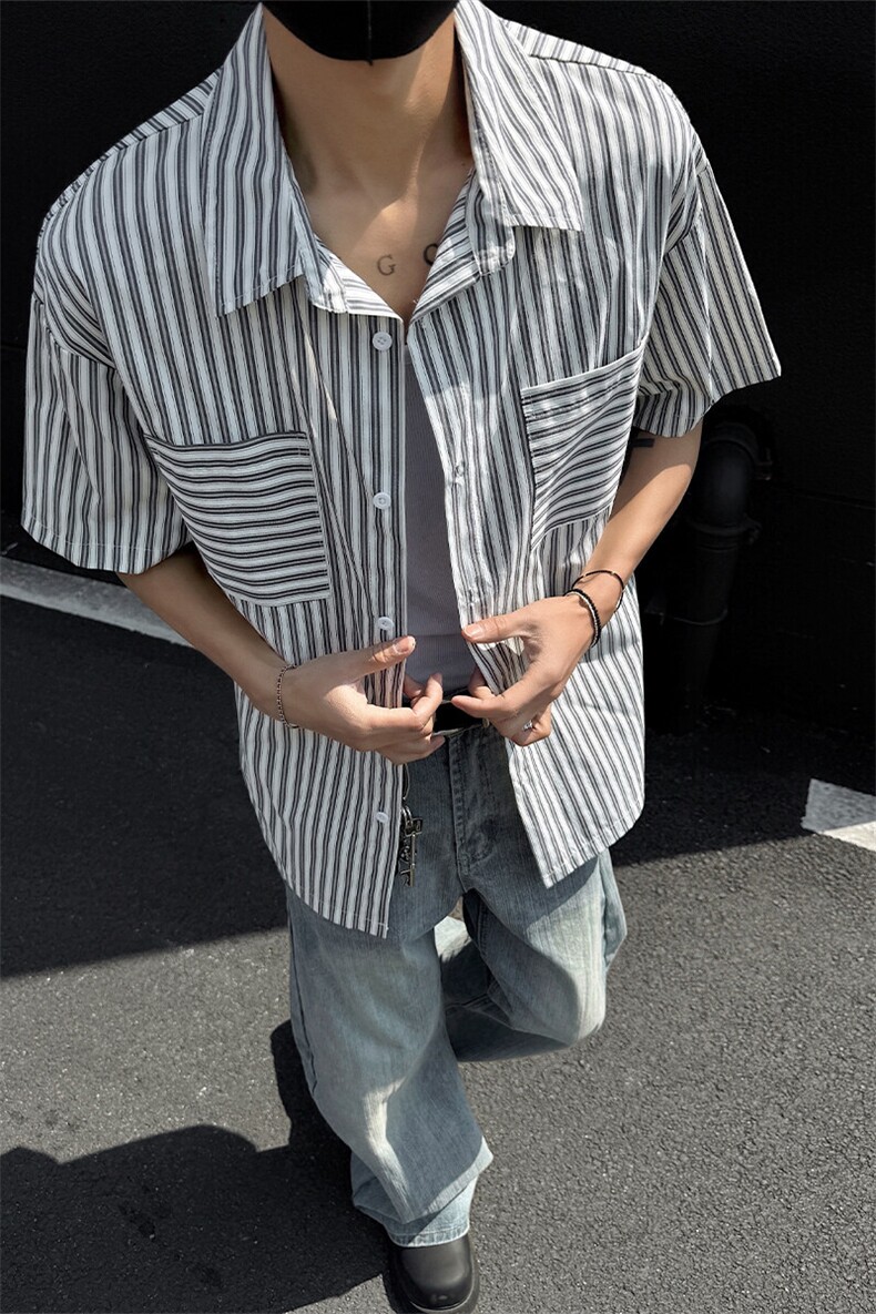 特批P30无差价夏季条纹港风翻领宽松五分短袖衬衫外套男CD5492,男装T恤,电商A001-1