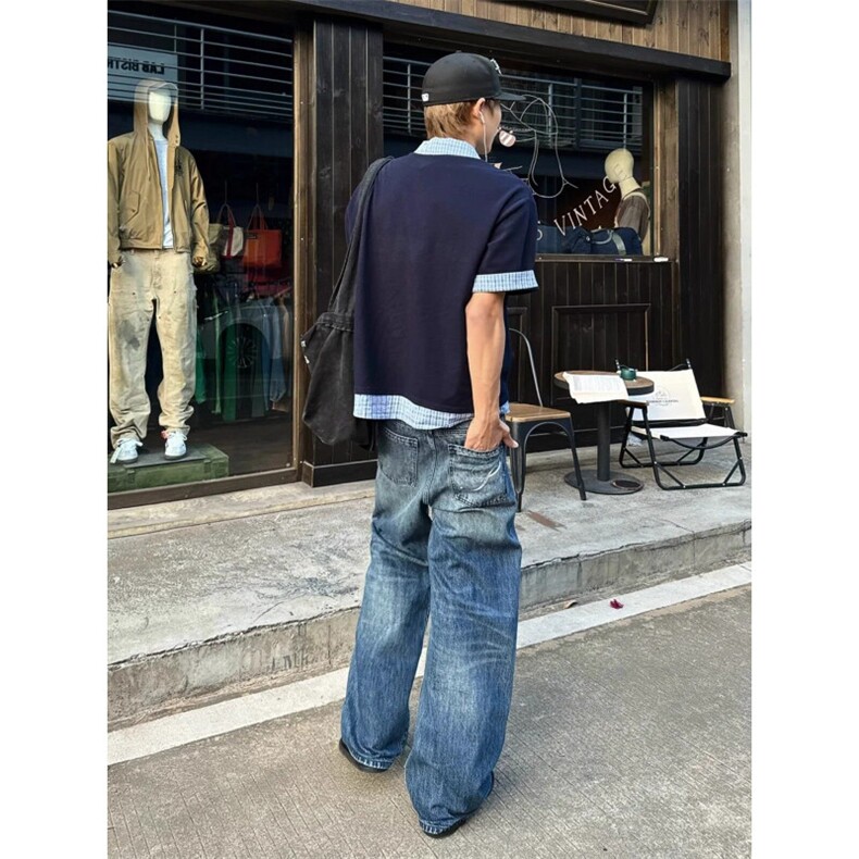 藏青色假两件短袖男款夏季潮牌衬衫拼接t恤重磅美式学院风polo衫,男装Polo衫,四季星座505