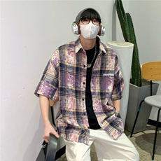 2026夏美式扎染刺绣格子短袖衬衫衬衣五分袖CS1805/特P35紫色8，男装衬衫，电商A094