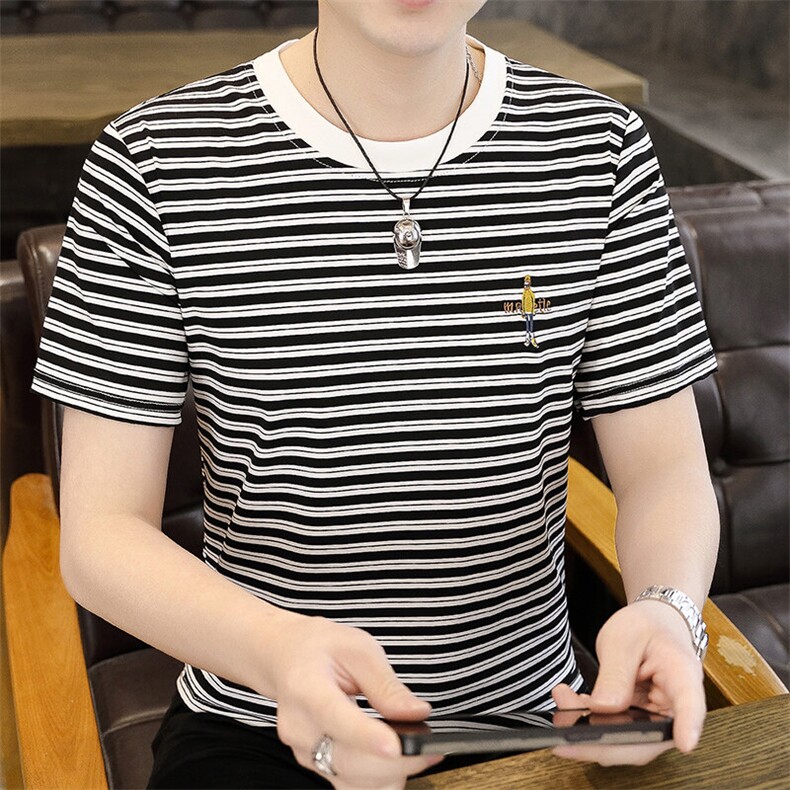 夏季新款短袖圆领冰丝经典条纹青年修身短袖T恤上衣Z66-P25,男装T恤,星座310B-3