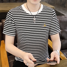 夏季新款短袖圆领冰丝经典条纹青年修身短袖T恤上衣Z66-P25，男装T恤，星座310B-3