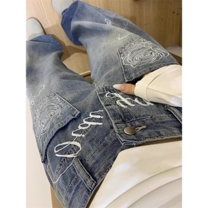 玫瑰字母刺绣牛仔裤裤子男女款cleanfit直筒弯刀裤NZ126-P50图片