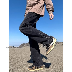 ins高街潮牌毛边牛仔裤男春季复古宽松阔腿设计感拉链直筒裤子图片