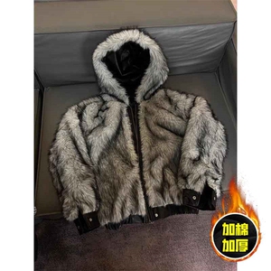 现货冬季美式潮牌痞帅PU皮机车服棉衣毛毛绒狼王座山雕皮棉服图片