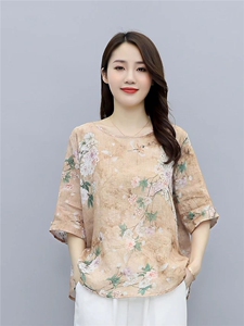 时尚妈妈装圆领印花短袖雪纺衫2025夏季新款洋气小衫中老年上衣女图片