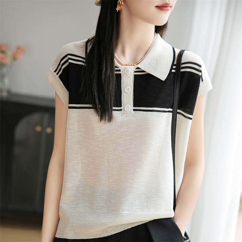 Polo领撞色小飞袖上衣2025夏季新款休闲百搭小翻领针织衫包袖t恤，女装T恤，菲奥羊绒