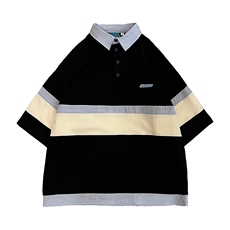 日系夏季新款POLO衫宽松短袖T恤男撞色拼接潮牌上衣PL087-P35，男装Polo衫，星座308B-1