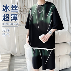2025夏季新款旋律风车大码冰丝印花短袖套装M-5XHQ24545-P70，男装休闲套装，电商A022