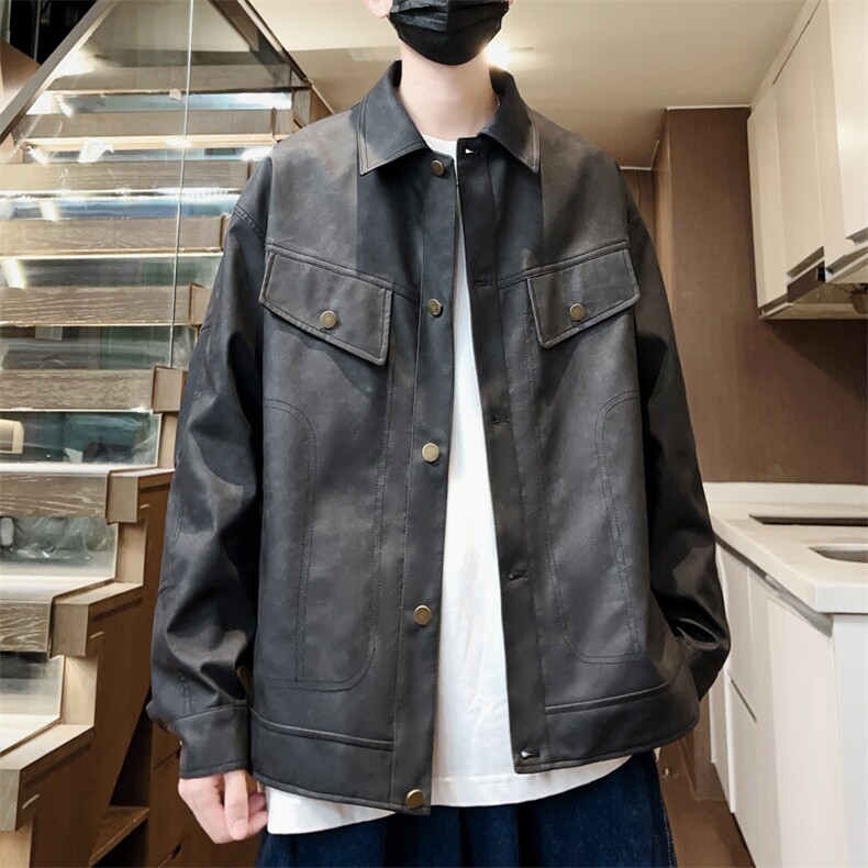 春季情侣款外套翻领青年机车男士皮衣潮按扣夹克A266-PY009-P100，男装皮衣，电商A266