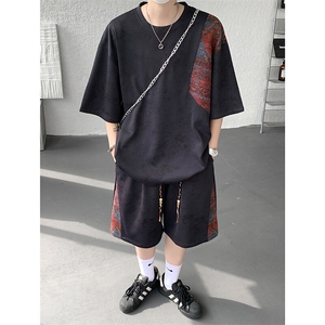 8XL-M民族风潮拼接休闲运动套装男夏季学生短袖短裤TZ38001P60图片