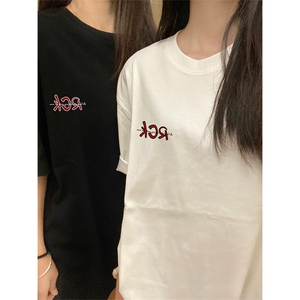 抖音得物210克现货宽松纯棉美式潮牌印花落肩袖纯棉T恤AT21109