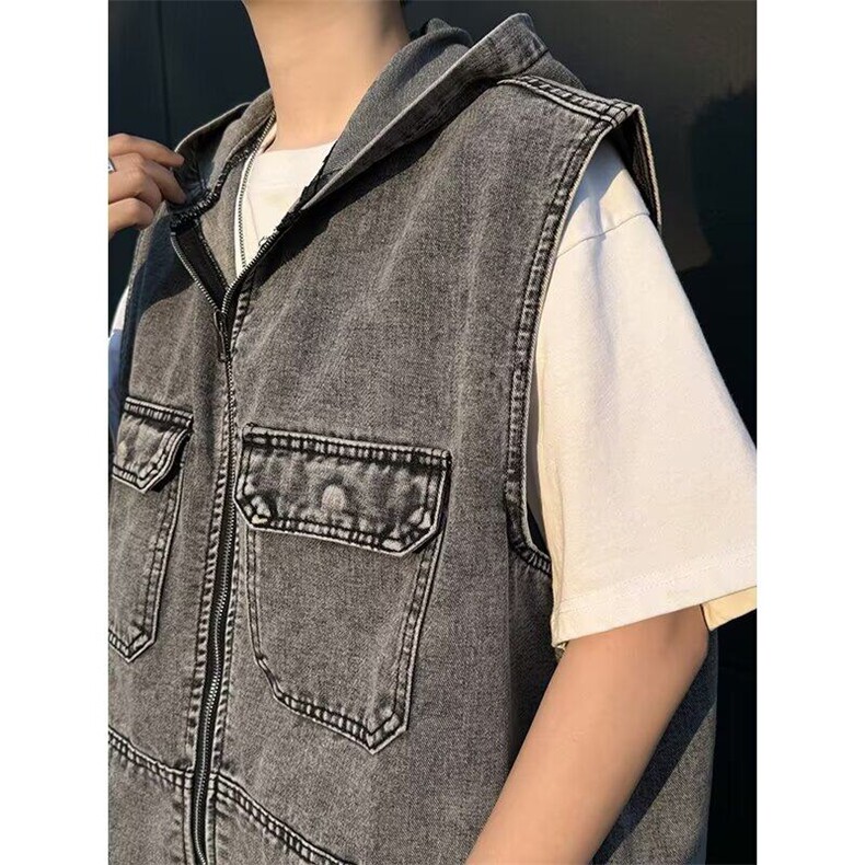 美式复古做旧连帽马甲潮流宽松休闲时尚设计感夹克,男装夹克,星座410-7
