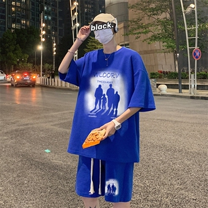 套装！夏季华夫格套装男T恤短裤男两件套大码港风TZ50-P50图片
