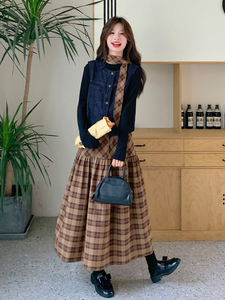 韩系轻熟风御姐牛仔马甲套装女2025春秋超火好看格纹连衣裙两件套图片