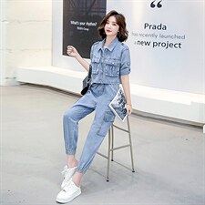 2022夏季新款简约气质减龄翻领个性复古牛仔两件套，女装套装/套裙，魅影